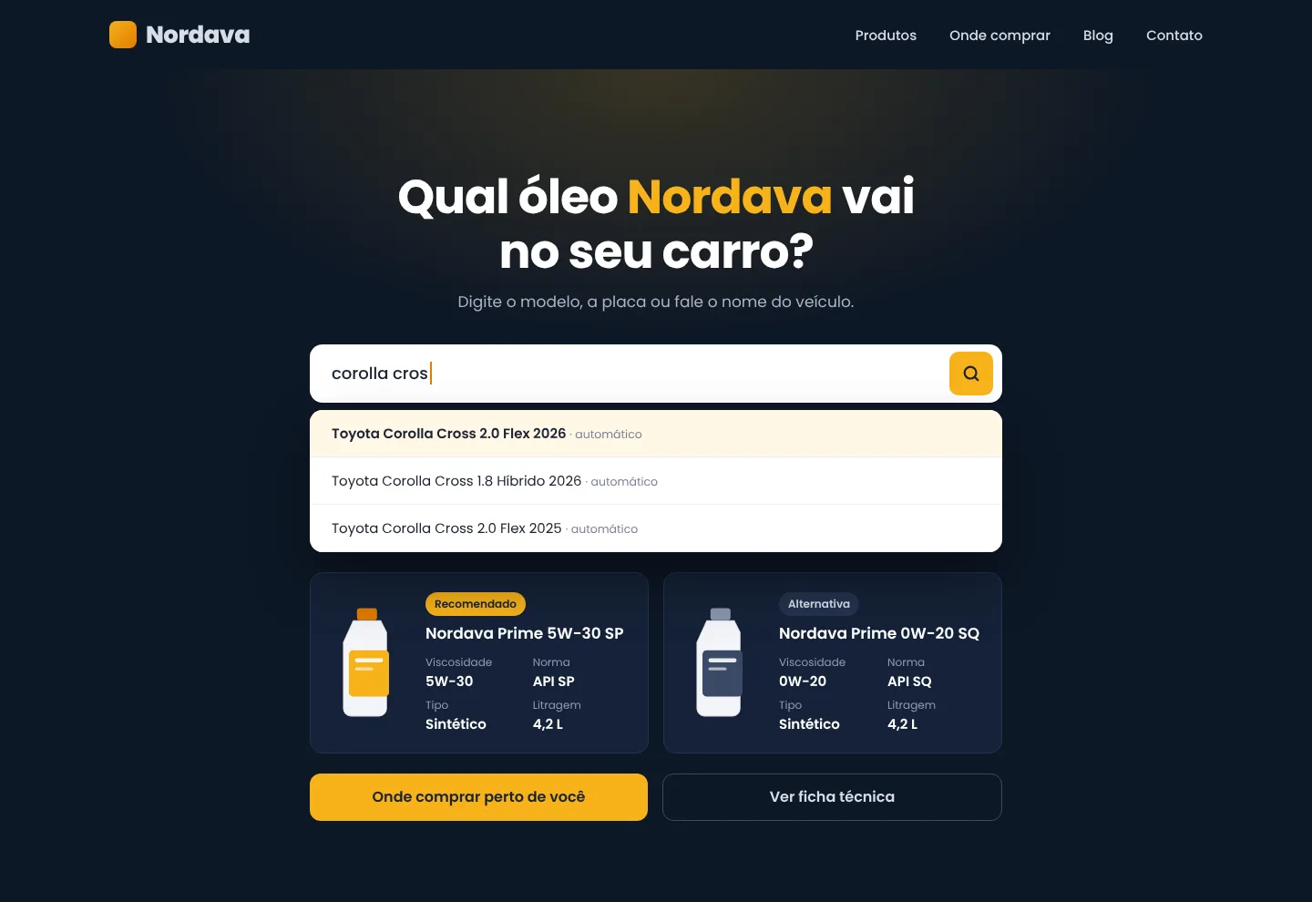 Exemplo ilustrativo de buscador de óleo com marca fictícia: o consumidor digita o modelo, escolhe o veículo nas sugestões e vê o óleo recomendado e uma alternativa, com viscosidade, norma, tipo e litragem