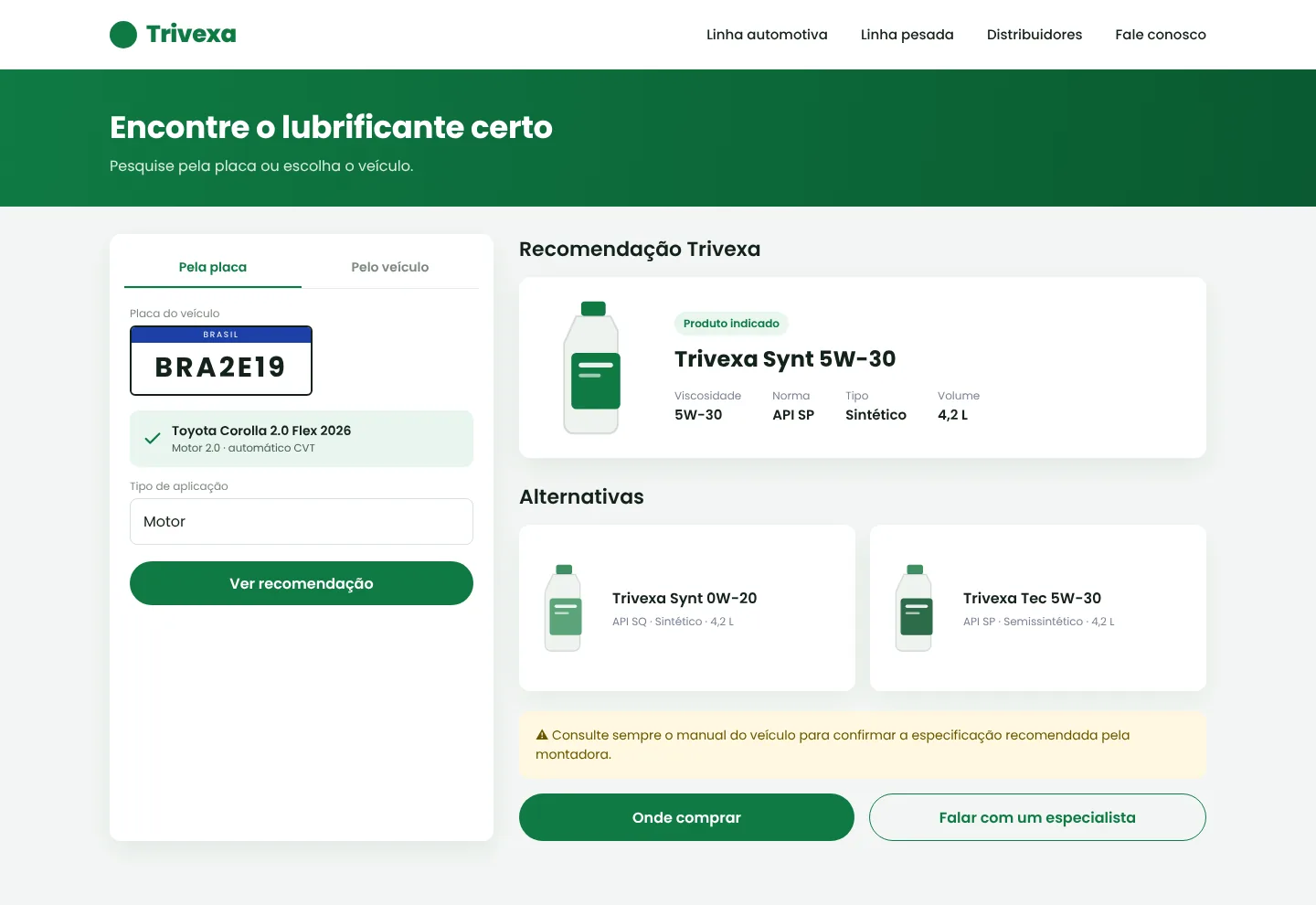 Exemplo ilustrativo de buscador de óleo com marca fictícia: o consumidor informa a placa, o veículo é identificado e aparecem o produto indicado e as alternativas