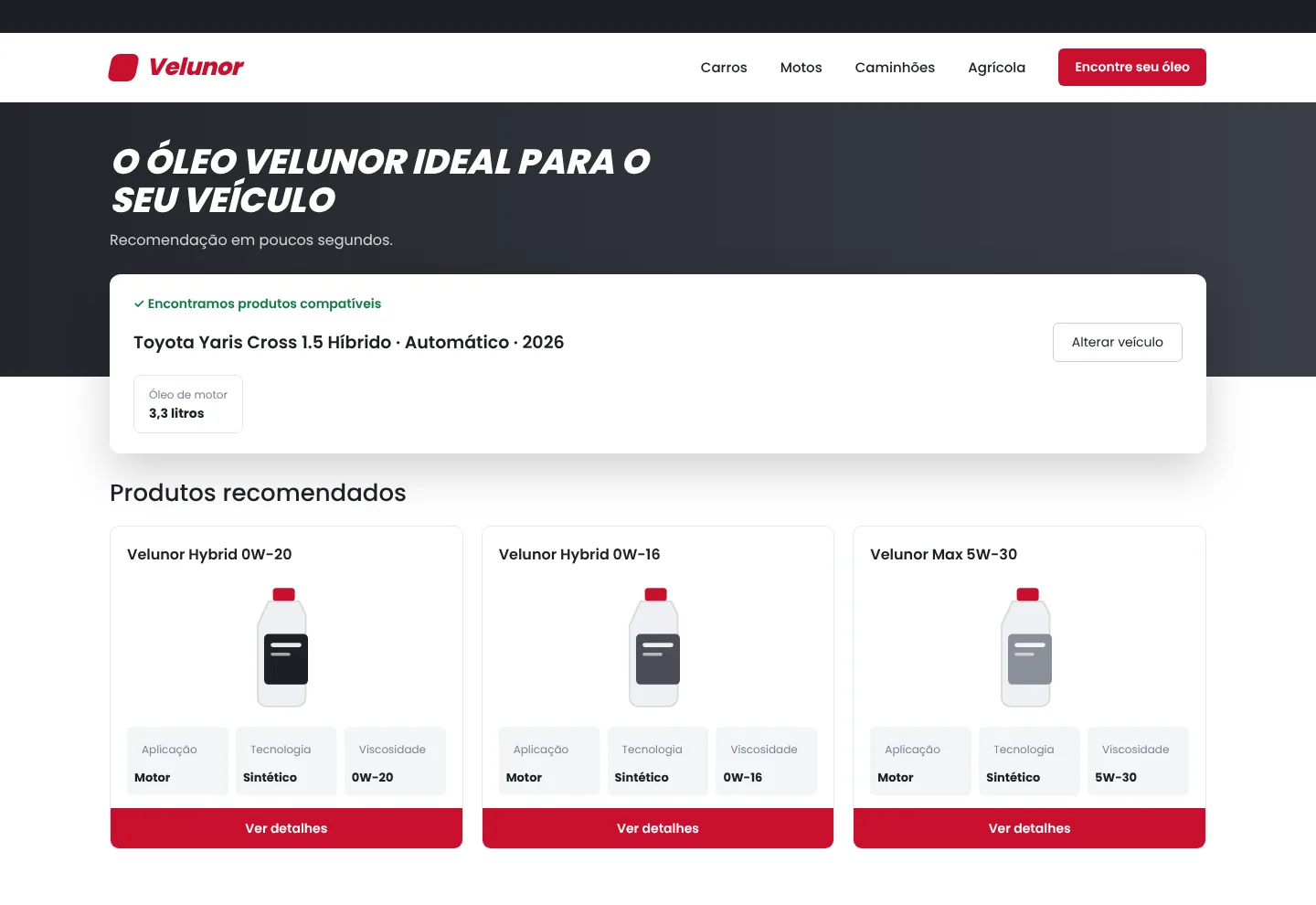 Exemplo ilustrativo de buscador de óleo com marca fictícia: o veículo identificado, a quantidade de óleo do motor e a grade de produtos recomendados